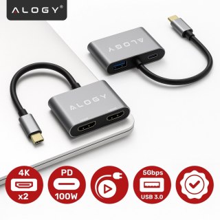 Adapter HUB 4w1 Alogy przejściówka USB-C do 2x HDMI USB 3.0 USB-C szybkie ładowanie PowerDelivery PD 100W