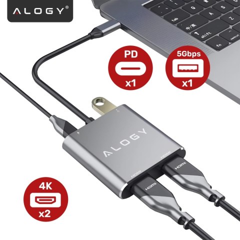 Adapter HUB 4w1 Alogy przejściówka USB-C do 2x HDMI USB 3.0 USB-C szybkie ładowanie PowerDelivery PD 100W