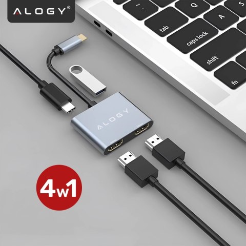 Adapter HUB 4w1 Alogy przejściówka USB-C do 2x HDMI USB 3.0 USB-C szybkie ładowanie PowerDelivery PD 100W
