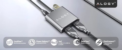Adapter HUB 4w1 Alogy przejściówka USB-C do 2x HDMI USB 3.0 USB-C szybkie ładowanie PowerDelivery PD 100W
