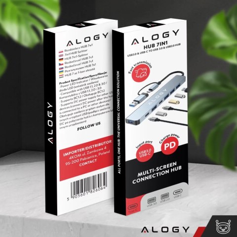 Adapter HUB 7w1 Alogy przejściówka USB-C / USB do USB 3.0 4x USB 2.0 2x USB-C 2.0