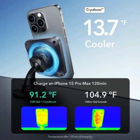 Uchwyt ładowarka samochodowa ESR HaloLock Qi2 Wireless z CryoBoost Magnetyczna MagSafe QI2 15W na kokpit kratkę wentylacyjną