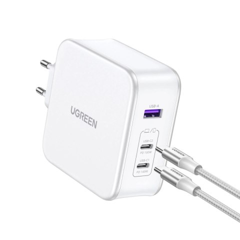 Ładowarka sieciowa GaN Ugreen Nexode USB-A/2xUSB-C 140W + kabel USB-C 1.5m - Biały