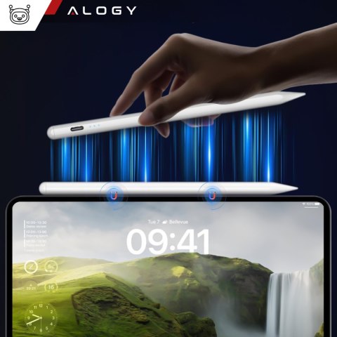 Rysik do Apple iPad Alogy Pencil z funkcją Palm Rejection Pressure Sensing Tilt Magnetyczny USB-C + 3 zapasowe końcówki Biały