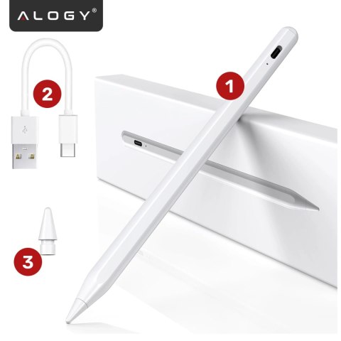Rysik do Apple iPad Alogy Pencil z funkcją Palm Rejection Tilt Magnetyczny USB-C + zapasowa końcówka Biały