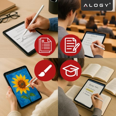 Rysik do Apple iPad Alogy Pencil z funkcją Palm Rejection Tilt Magnetyczny USB-C + zapasowa końcówka Biały