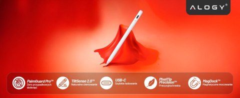 Rysik do Apple iPad Alogy Pencil z funkcją Palm Rejection Tilt Magnetyczny USB-C + zapasowa końcówka Biały