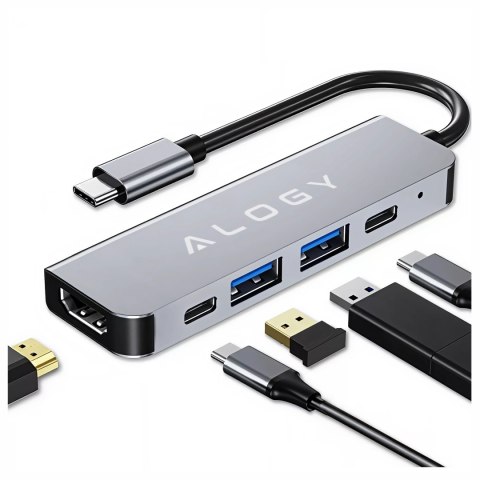 Hub 5w1 USB-C do USB-C PD100W, USB-C, USB.A 2.0, USB.A 3.0, HDMI 4K 30Hz / 1080p 60Hz - Alogy MultiHub™ Do Notebooka Laptopa