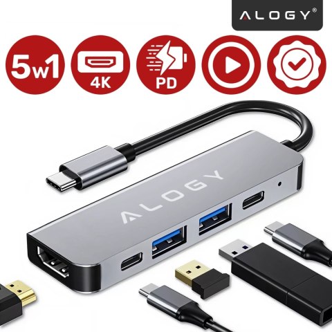 Hub 5w1 USB-C do USB-C PD100W, USB-C, USB.A 2.0, USB.A 3.0, HDMI 4K 30Hz / 1080p 60Hz - Alogy MultiHub™ Do Notebooka Laptopa