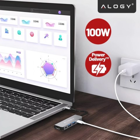 Hub 5w1 USB-C do USB-C PD100W, USB-C, USB.A 2.0, USB.A 3.0, HDMI 4K 30Hz / 1080p 60Hz - Alogy MultiHub™ Do Notebooka Laptopa