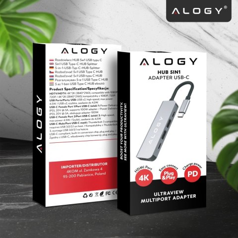Hub 5w1 USB-C do USB-C PD100W, USB-C, USB.A 2.0, USB.A 3.0, HDMI 4K 30Hz / 1080p 60Hz - Alogy MultiHub™ Do Notebooka Laptopa