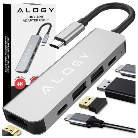 Hub 5w1 USB-C do USB-C PD100W, USB-C, USB.A 2.0, USB.A 3.0, HDMI 4K 30Hz / 1080p 60Hz - Alogy MultiHub™ Do Notebooka Laptopa