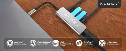 Hub 5w1 USB-C do USB-C PD100W, USB-C, USB.A 2.0, USB.A 3.0, HDMI 4K 30Hz / 1080p 60Hz - Alogy MultiHub™ Do Notebooka Laptopa