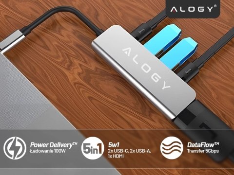 Hub 5w1 USB-C do USB-C PD100W, USB-C, USB.A 2.0, USB.A 3.0, HDMI 4K 30Hz / 1080p 60Hz - Alogy MultiHub™ Do Notebooka Laptopa