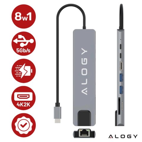 Hub 8w1 USB-C do 2xA+2xC+HDMI+SD+Micro+LAN 100mb - Alogy MultiHub™ Do Notebooka Laptopa