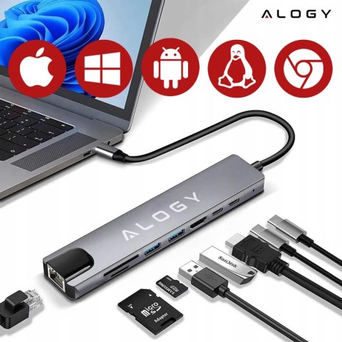 Hub 8w1 USB-C do 2xA+2xC+HDMI+SD+Micro+LAN 100mb - Alogy MultiHub™ Do Notebooka Laptopa