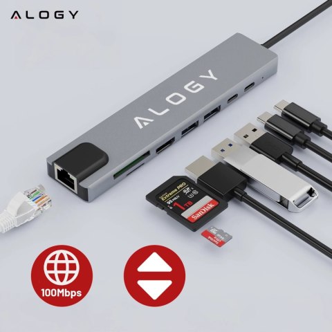 Hub 8w1 USB-C do 2xA+2xC+HDMI+SD+Micro+LAN 100mb - Alogy MultiHub™ Do Notebooka Laptopa