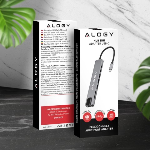 Hub 8w1 USB-C do 2xA+2xC+HDMI+SD+Micro+LAN 100mb - Alogy MultiHub™ Do Notebooka Laptopa