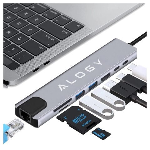 Hub 8w1 USB-C do 2xA+2xC+HDMI+SD+Micro+LAN 100mb - Alogy MultiHub™ Do Notebooka Laptopa