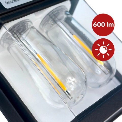 Lampa Solarna elewacyjna Kinkiet LED 60 na ścianę domu ogrodowa Barwa Ciepła 2 żarówki Czarna