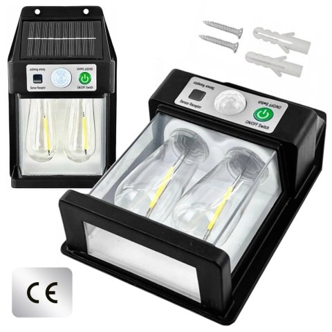Lampa Solarna elewacyjna Kinkiet LED 60 na ścianę domu ogrodowa Barwa Ciepła 2 żarówki Czarna