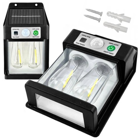 Lampa Solarna elewacyjna Kinkiet LED 60 na ścianę domu ogrodowa Barwa Ciepła 2 żarówki Czarna