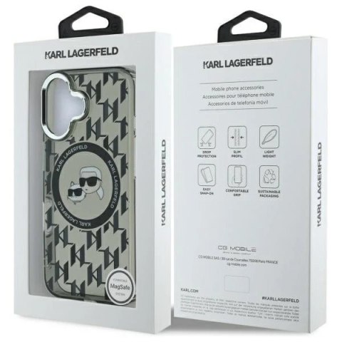Etui Karl Lagerfeld do iPhone 16 6.1" Czarne MagSafe IML Monogram Karl&Choupette Head