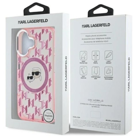 Etui Karl Lagerfeld do iPhone 16 6.1" Różówy MagSafe IML Monogram Karl&Choupette Head