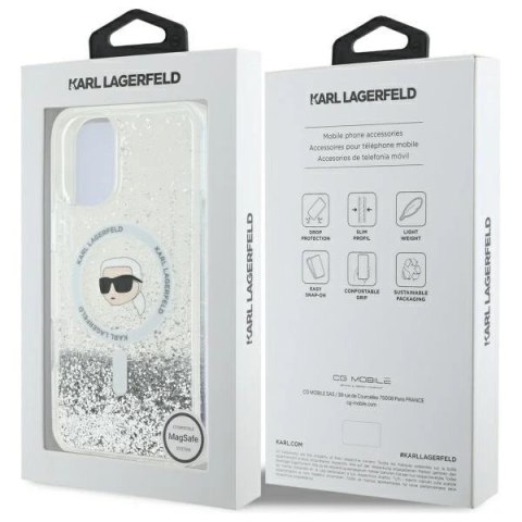 Etui Karl Lagerfeld do iPhone 16 Plus 6.7" Magsafe Hardcase Transparent Liquid Glitter Karl Head