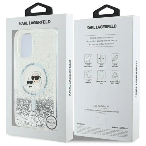 Etui Karl Lagerfeld do iPhone 16 Plus 6.7" Magsafe Hardcase Transparent Liquid Glitter Karl&Choupette Head