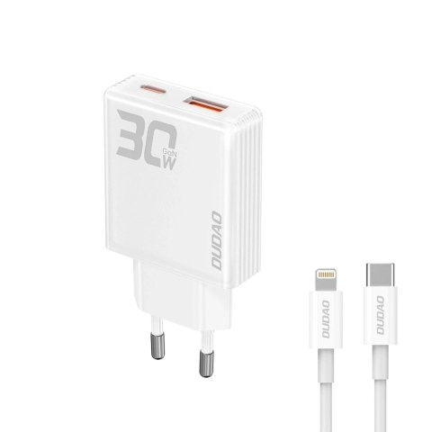 Ładowarka sieciowa GaN Dudao A30EUL 30W USB-A / USB-C + kabel USB-C - Lightning - Biała