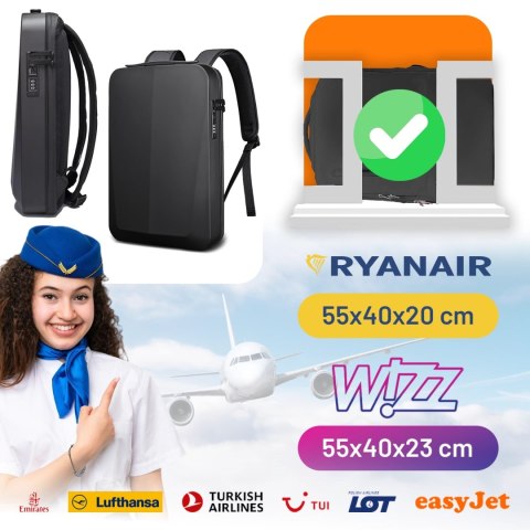 Plecak Antykradzieżowy wodoodporny Bange na laptopa 15.6" miejski podróżny 46x31x8 cm do pracy samolotu męski damski z gniazdem 