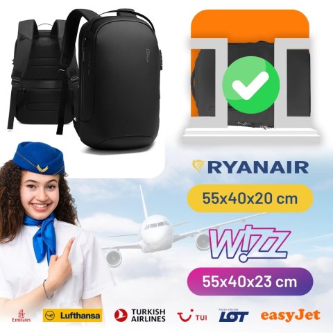Plecak Antykradzieżowy wodoodporny Bange na laptopa 15.6" miejski podróżny 48x30x16 cm do pracy samolotu męski damski z gniazdem
