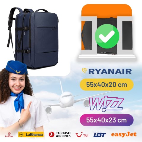 Plecak podróżny Bange BackPack biznesowy plecak rozszerzalny Torba pojemna do laptopa 17.3" z portem USB Granatowy