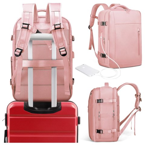 Plecak wodoodporny Bange na laptopa 15.6" miejski podróżny 46x31.5x20 cm do pracy samolotu damski z z gniazdem USB Różowy