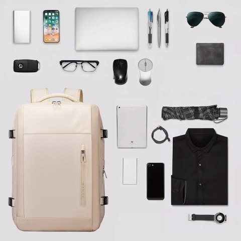 Plecak wodoodporny Bange na laptopa 15.6" miejski podróżny 46x31.5x20 cm do pracy samolotu męski damski z z gniazdem USB Beżowy