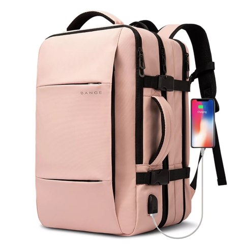 Plecak wodoodporny Bange na laptopa 15.6" miejski podróżny 47x31x15-25 cm do pracy samolotu męski damski z portem USB Różowy