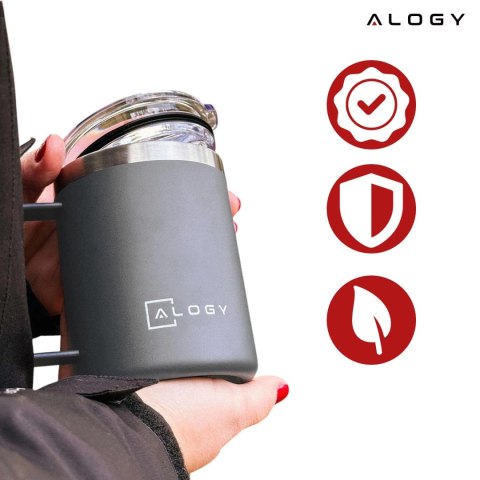 Kubek termiczny 420ml z uchwytem pokrywką na kawę herbatę stalowy zimne i ciepłe napoje Alogy Szary