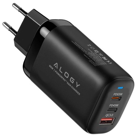 Ładowarka Sieciowa Szybka 3w1 do telefonu samsung iphone GaN3 65W PD i QC, Porty 2x USB-C 65W + USB-A 30W, Alogy GaNCharge Compa
