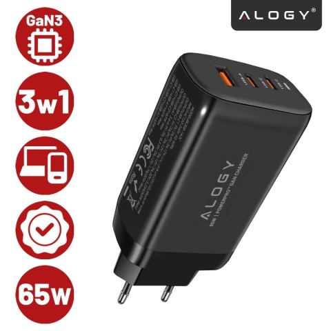 Ładowarka Sieciowa Szybka 3w1 do telefonu samsung iphone GaN3 65W PD i QC, Porty 2x USB-C 65W + USB-A 30W, Alogy GaNCharge Compa