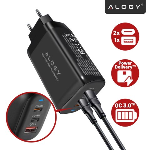 Ładowarka Sieciowa Szybka 3w1 do telefonu samsung iphone GaN3 65W PD i QC, Porty 2x USB-C 65W + USB-A 30W, Alogy GaNCharge Compa