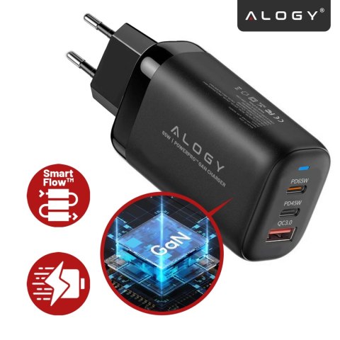 Ładowarka Sieciowa Szybka 3w1 do telefonu samsung iphone GaN3 65W PD i QC, Porty 2x USB-C 65W + USB-A 30W, Alogy GaNCharge Compa