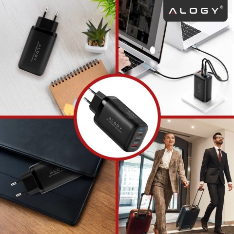 Ładowarka Sieciowa Szybka 3w1 do telefonu samsung iphone GaN3 65W PD i QC, Porty 2x USB-C 65W + USB-A 30W, Alogy GaNCharge Compa