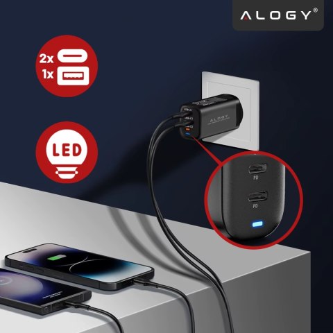Ładowarka Sieciowa Szybka 3w1 do telefonu samsung iphone GaN3 65W PD i QC, Porty 2x USB-C 65W + USB-A 30W, Alogy GaNCharge Compa