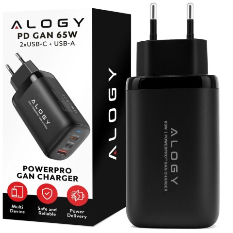 Ładowarka Sieciowa Szybka 3w1 do telefonu samsung iphone GaN3 65W PD i QC, Porty 2x USB-C 65W + USB-A 30W, Alogy GaNCharge Compa