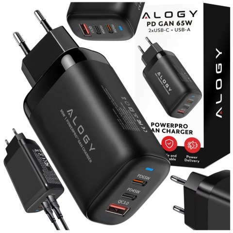 Ładowarka Sieciowa Szybka 3w1 do telefonu samsung iphone GaN3 65W PD i QC, Porty 2x USB-C 65W + USB-A 30W, Alogy GaNCharge Compa