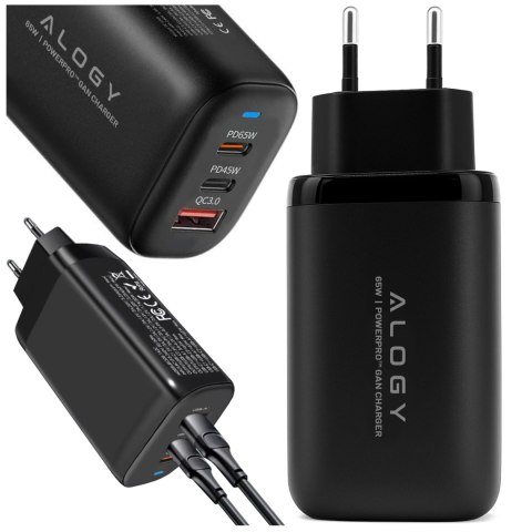 Ładowarka Sieciowa Szybka 3w1 do telefonu samsung iphone GaN3 65W PD i QC, Porty 2x USB-C 65W + USB-A 30W, Alogy GaNCharge Compa