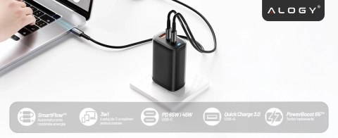 Ładowarka Sieciowa Szybka 3w1 do telefonu samsung iphone GaN3 65W PD i QC, Porty 2x USB-C 65W + USB-A 30W, Alogy GaNCharge Compa