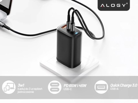 Ładowarka Sieciowa Szybka 3w1 do telefonu samsung iphone GaN3 65W PD i QC, Porty 2x USB-C 65W + USB-A 30W, Alogy GaNCharge Compa