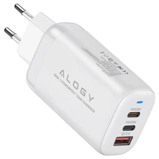 Ładowarka Sieciowa Szybka 3w1 do telefonu samsung iphone GaN3 65W PD i QC, Porty 2x USB-C 65W + USB-A 30W, Alogy GaNCharge Compa
